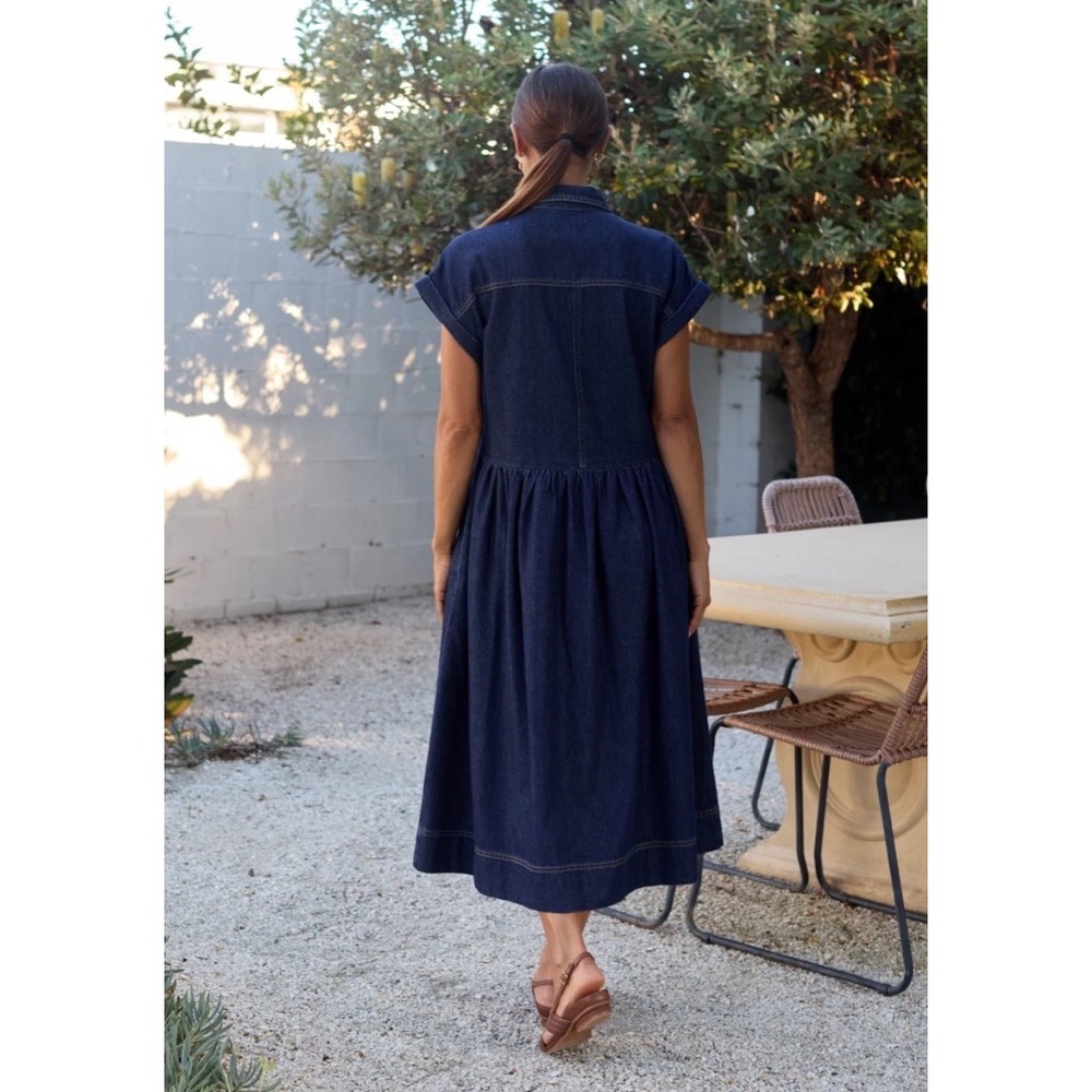 MAYE Harper Denim Dress Indigo Blue Midi Short Sleeve Button Front Relaxed 2X - Picture 7 of 7